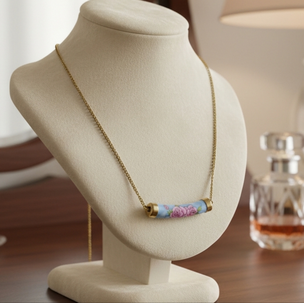 Elegant Blue and Gold Cloisson Necklace with Dainty Chain